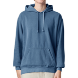 A person wearing a medium blue pullover hoodie with matching drawstrings and a front kangaroo pocket, 