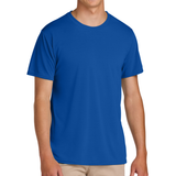 A man wearing a solid royal blue short-sleeve crewneck t-shirt