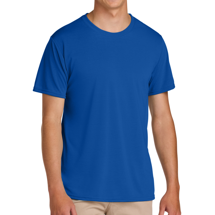 A man wearing a solid royal blue short-sleeve crewneck t-shirt