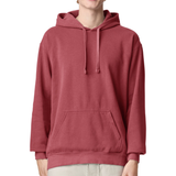 A person wearing a dusty rose red pullover hoodie with matching drawstrings and a front kangaroo pocket,