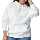 A person wearing a plain white pullover hoodie with drawstrings and a front kangaroo pocket