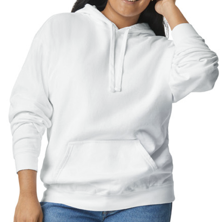 A person wearing a plain white pullover hoodie with drawstrings and a front kangaroo pocket