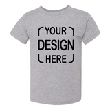 A heather gray short-sleeve t-shirt with black placeholder text reading 'YOUR DESIGN HERE' on the front