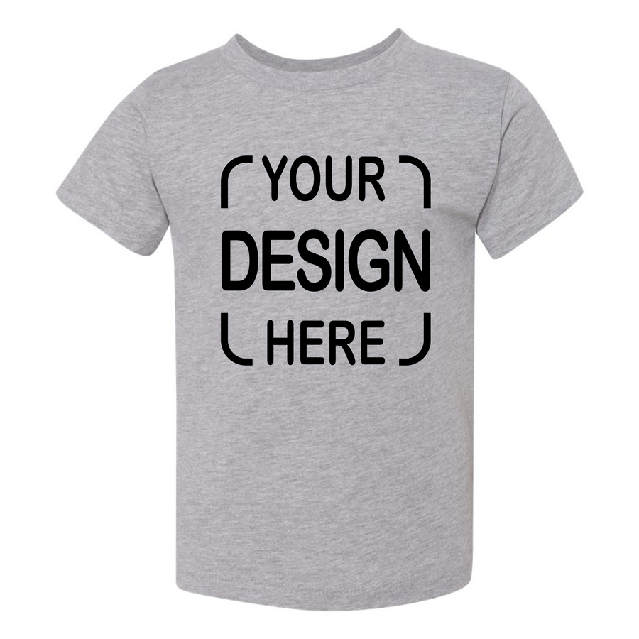 A heather gray short-sleeve t-shirt with black placeholder text reading 'YOUR DESIGN HERE' on the front
