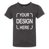 A dark heather gray short-sleeve t-shirt with white placeholder text reading 'YOUR DESIGN HERE' printed on the chest