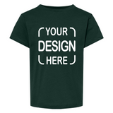 A dark green short-sleeve t-shirt with white placeholder text reading 'YOUR DESIGN HERE' on the front