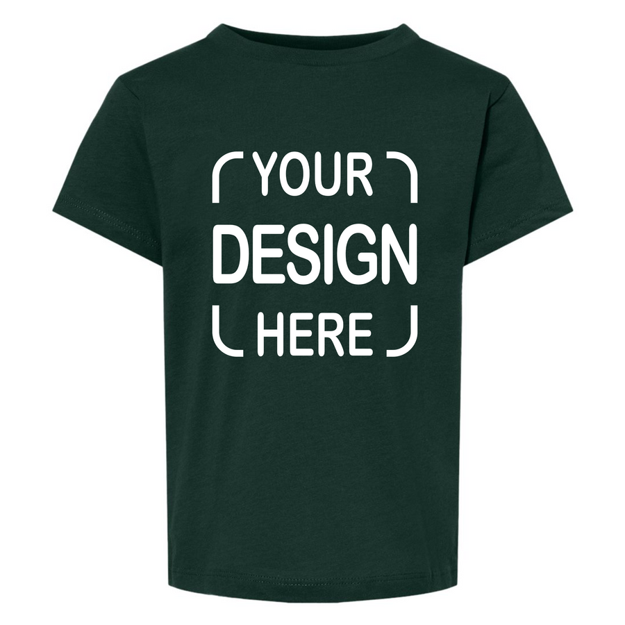 A dark green short-sleeve t-shirt with white placeholder text reading 'YOUR DESIGN HERE' on the front