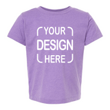 A light purple heather short-sleeve t-shirt with white placeholder text reading 'YOUR DESIGN HERE' on the front