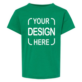 A green short-sleeve t-shirt with white placeholder text reading 'YOUR DESIGN HERE' on the front