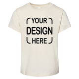 An off-white short-sleeve t-shirt with black placeholder text reading 'YOUR DESIGN HERE' printed on the front