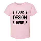 A light pink short-sleeve t-shirt with black placeholder text reading 'YOUR DESIGN HERE' printed on the front.