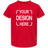A red short-sleeve crewneck t-shirt with white placeholder text reading 'YOUR DESIGN HERE' printed on the front