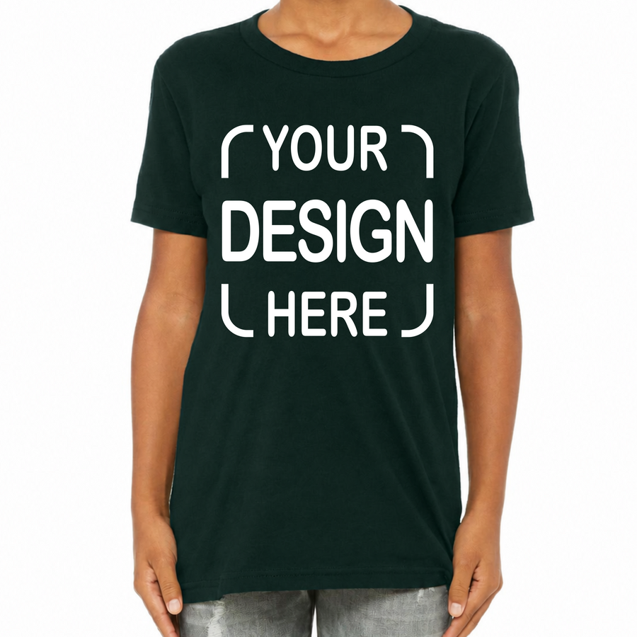 A person wearing a dark green short-sleeve crewneck t-shirt with white placeholder text reading 'YOUR DESIGN HERE' on the front