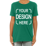 A person wearing a green short-sleeve crewneck t-shirt with white placeholder text reading 'YOUR DESIGN HERE' on the front