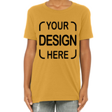 A person wearing a mustard yellow short-sleeve t-shirt with black placeholder text reading 'YOUR DESIGN HERE' on the front