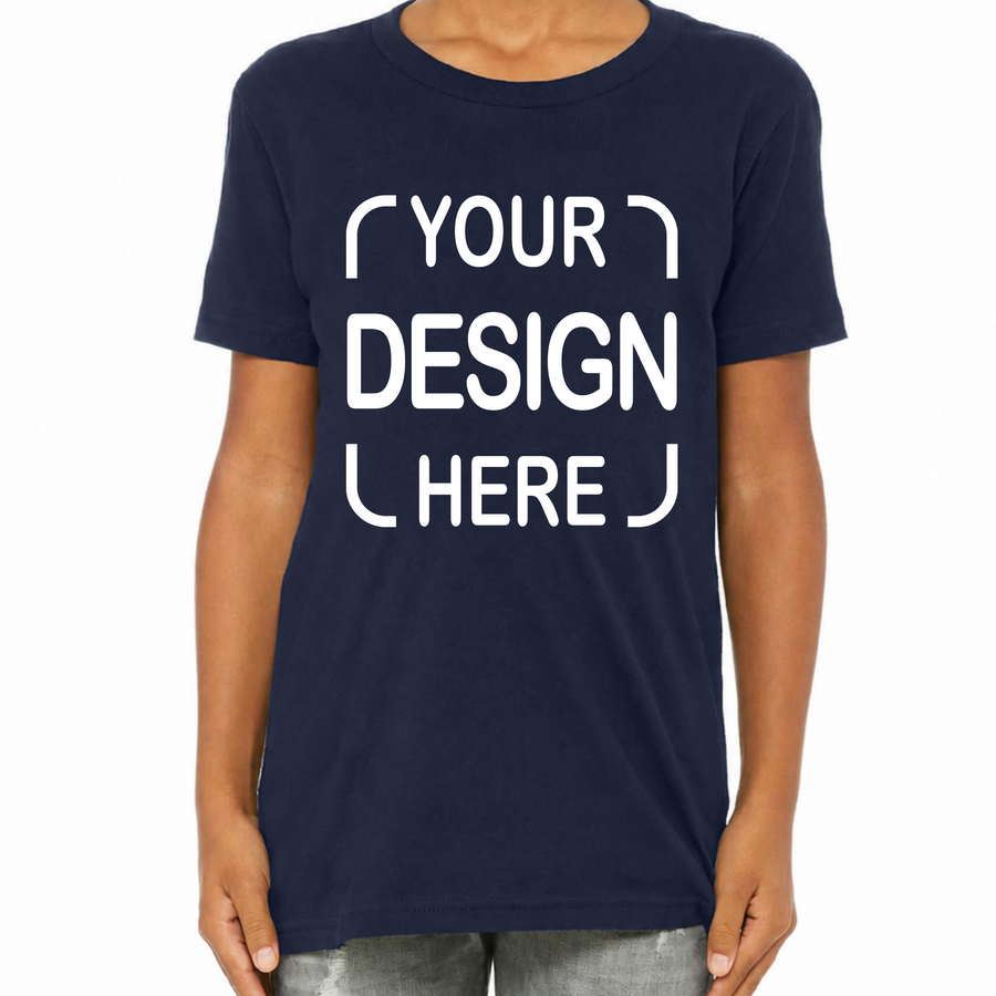A person wearing a navy blue short-sleeve t-shirt with white placeholder text reading 'YOUR DESIGN HERE' on the front