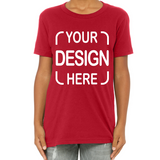 A red short-sleeve crewneck t-shirt with white placeholder text reading 'YOUR DESIGN HERE' on the front
