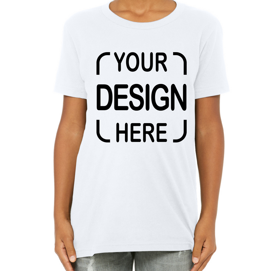A white short-sleeve crewneck t-shirt with black placeholder text reading 'YOUR DESIGN HERE' on the front
