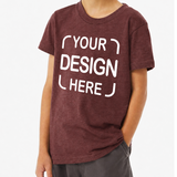 A person wearing a heathered dark burgundy t-shirt with white placeholder text reading 'YOUR DESIGN HERE' on the front