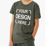 A person wearing a dark heather gray t-shirt with white placeholder text reading 'YOUR DESIGN HERE' on the front