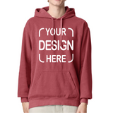 A person wearing a dusty rose red pullover hoodie with a white customizable graphic print that reads 'YOUR DESIGN HERE' on the front.