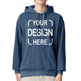 A person wearing a navy blue pullover hoodie with a white placeholder graphic reading 'YOUR DESIGN HERE' on the front