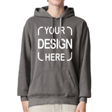 A person wearing a dark gray pullover hoodie with a white customizable graphic print that reads 'YOUR DESIGN HERE' on the front