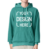 A person wearing a teal pullover hoodie with a white 'YOUR DESIGN HERE' placeholder graphic on the chest
