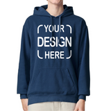 A navy blue pullover hoodie with a white customizable graphic print reading 'YOUR DESIGN HERE' on the front