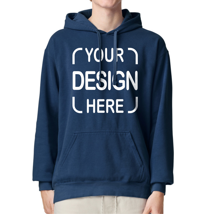 A navy blue pullover hoodie with a white customizable graphic print reading 'YOUR DESIGN HERE' on the front