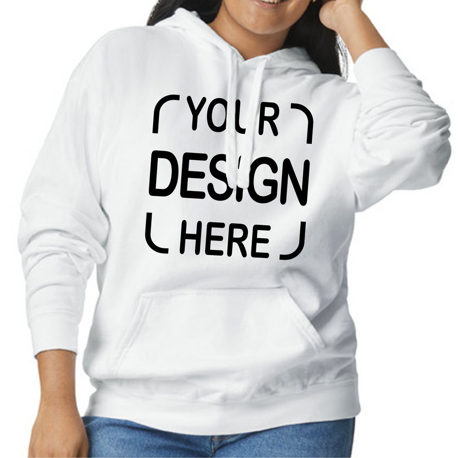 A white pullover hoodie with a customizable black text graphic reading 'YOUR DESIGN HERE',