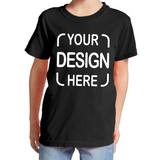 A black short-sleeve t-shirt with white placeholder text reading 'YOUR DESIGN HERE' on the front.