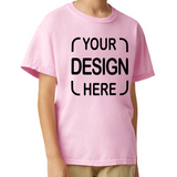 A child wearing a light pink short-sleeve t-shirt with black placeholder text reading 'YOUR DESIGN HERE' on the front