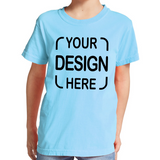 A light blue short-sleeve t-shirt with black placeholder text reading 'YOUR DESIGN HERE' on the front