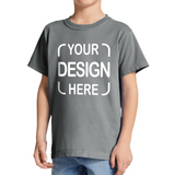 A child wearing a dark gray custom graphic t-shirt with white placeholder text reading 'YOUR DESIGN HERE',