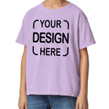 A child wearing a light lavender-purple t-shirt with black placeholder text reading 'YOUR DESIGN HERE' printed on the chest