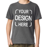 A person wearing a dark gray short-sleeve t-shirt with white placeholder text reading 'YOUR DESIGN HERE' on the front,