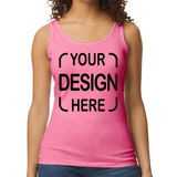 A pink tank top featuring a customizable front design, displayed on a model.

