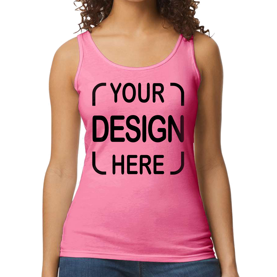 A pink tank top featuring a customizable front design, displayed on a model.

