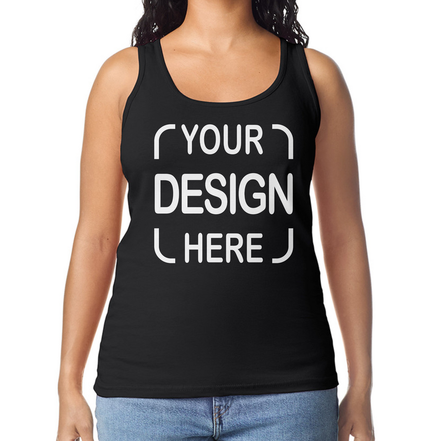 A woman wearing a black racerback tank top with white placeholder text reading 'YOUR DESIGN HERE' on the front,