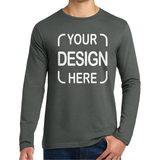A charcoal gildan long sleeve t-shirt featuring a customizable front design, displayed on a model.