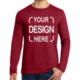 A cherry red long sleeve tshirt featuring a customizable front design, displayed on a model against a clean white background.