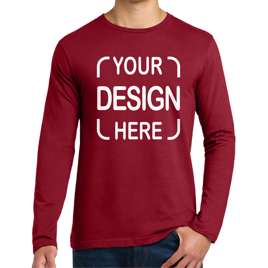 A cherry red long sleeve tshirt featuring a customizable front design, displayed on a model against a clean white background.